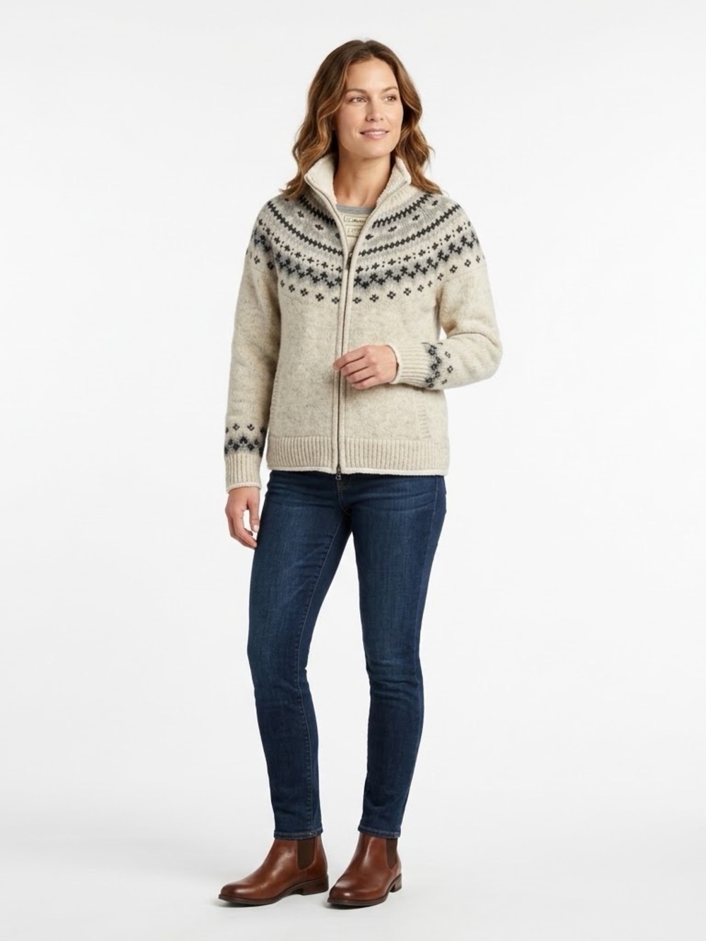 L.L. Bean 100% Lambswool Fair Isle Zip Sweater Sherpa Lined Cream Grey L Petite